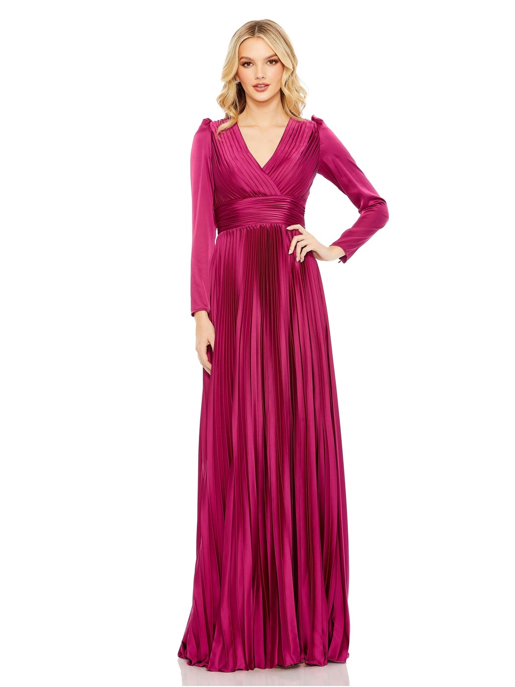 Mac Duggal Magenta Pleated Long Sleeve V-Neck Gown Nwt 26542 Size 6
